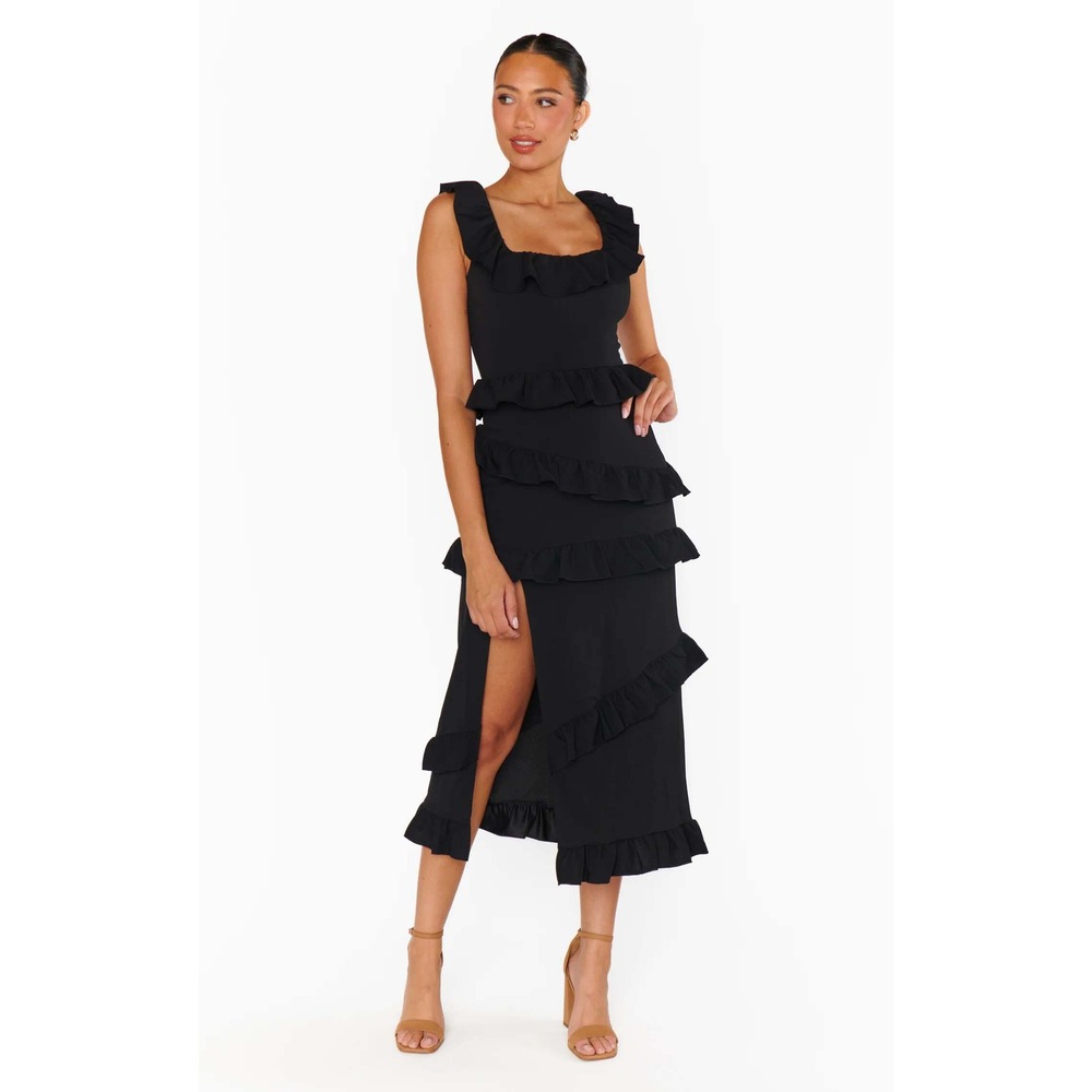 Show Me Your Mumu Greta Dress Black Tiered Ruffle Off Shoulder Midi Dress L